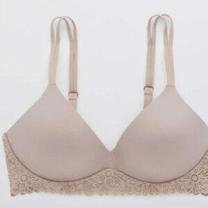 Aerie Light Tan Real Sunnie Wireless Push Up Blossom Lace Trim Bra Size 34B
